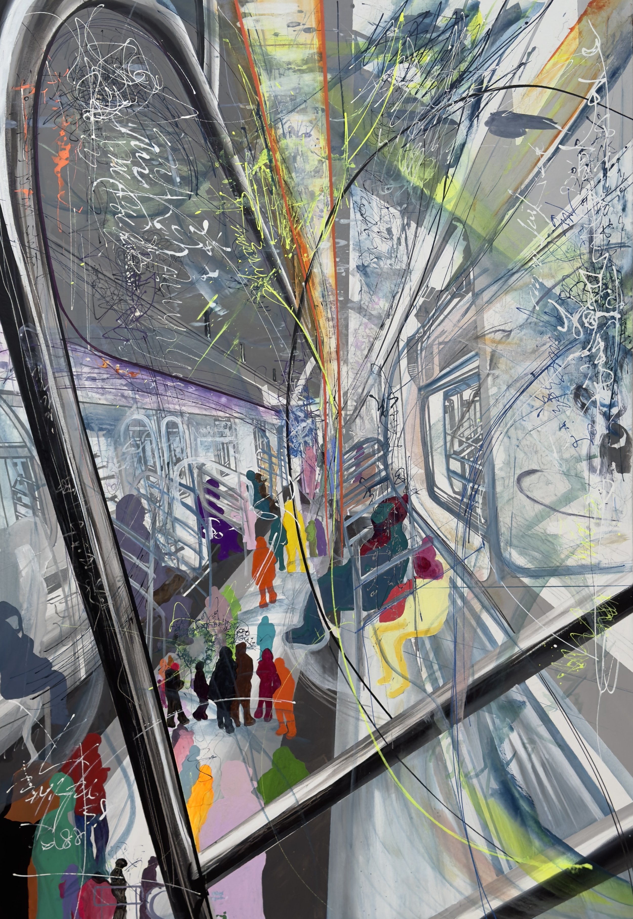 Positioning, 7 train, 2026.

Acrylic on canvas. 72 in. × 50  in. From the "Positioning flow" series.
