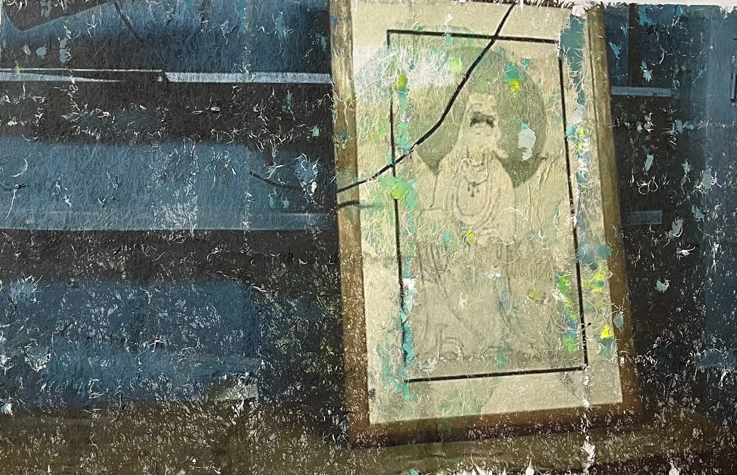 Boiler room, 2023. Indian ink, acrylic, collage, rice paper, on canvas. 42 in. x 60 in. From the "Dream at Walden" series.