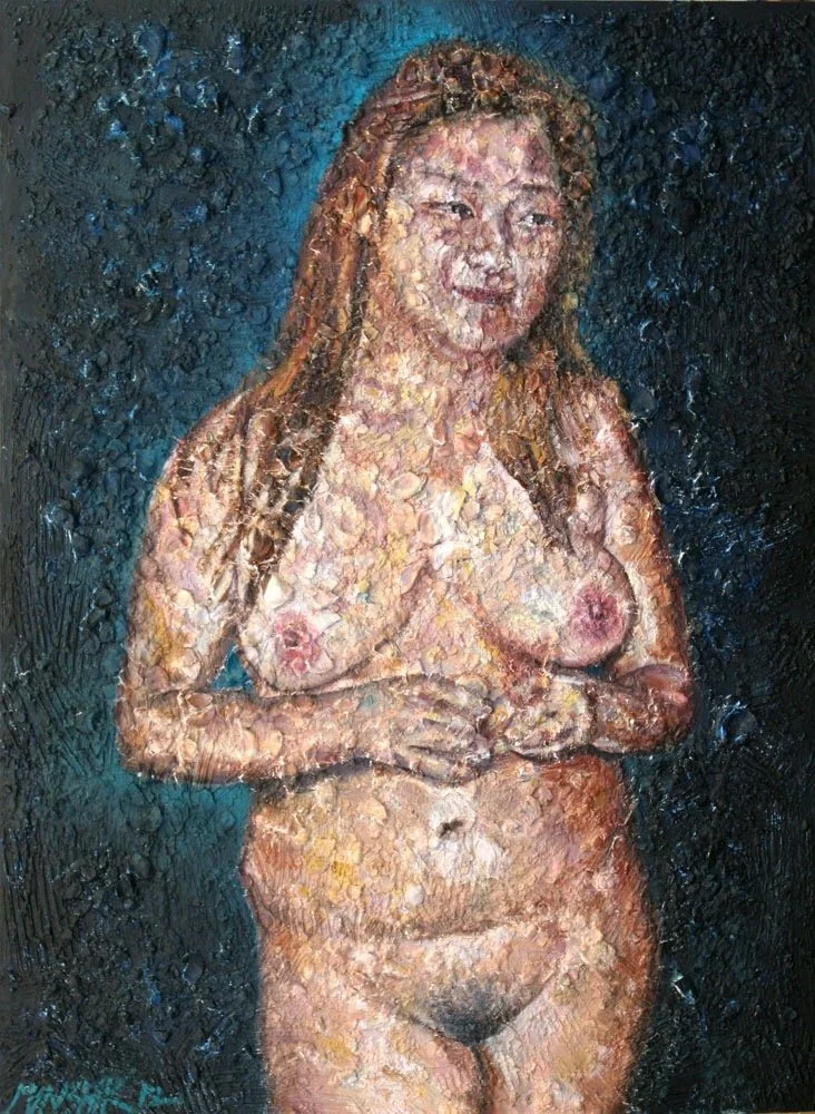 Hanle, 2013.
Abalone, oyster shell,  glue, oil on canvas. 60 in. x 48 in.