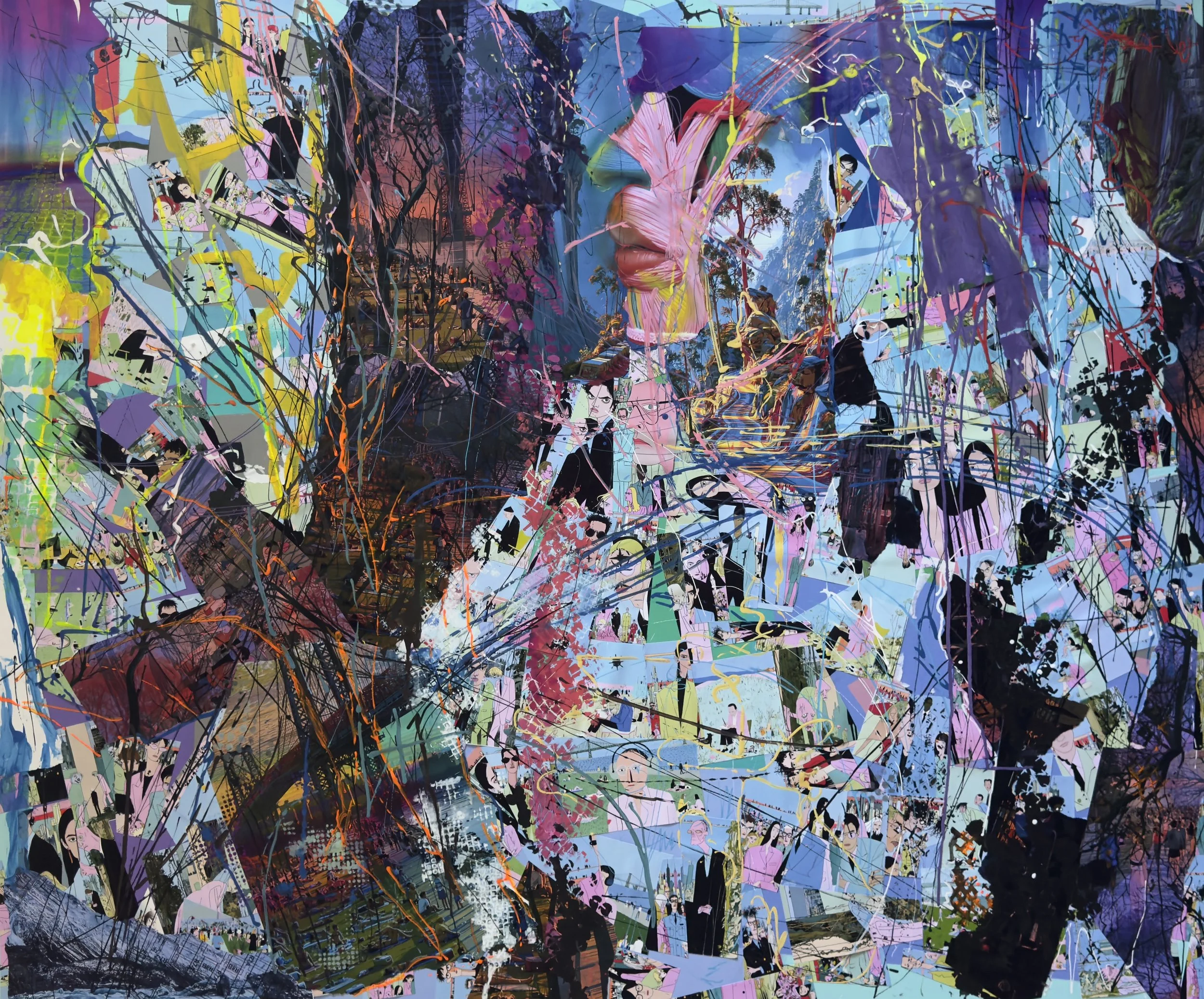 Off/On, Domino Park, 2026, Collage, ink, pastel, and acrylic on canvas, 50 × 60 in.
