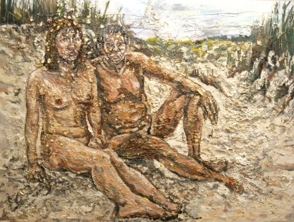 Bo and Rich, 2012.
Abalone, oyster shell,  glue, oil on canvas. 82 in. x 96 in.