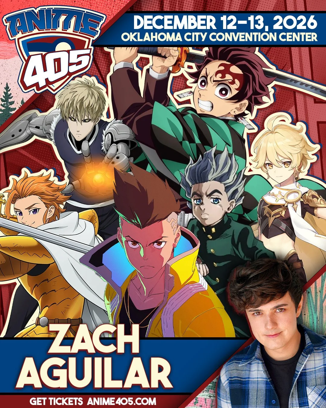 Anime convention poster featuring characters from popular anime, event dates December 12-13, 2026, at Oklahoma City Convention Center, with a photo of Zach Aguilar at the bottom right.