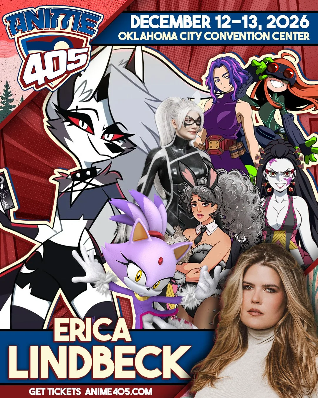 Promotional poster for Anime 405 featuring various anime characters and a photo of Erica Lindbeck, with event details including date, location, and website.