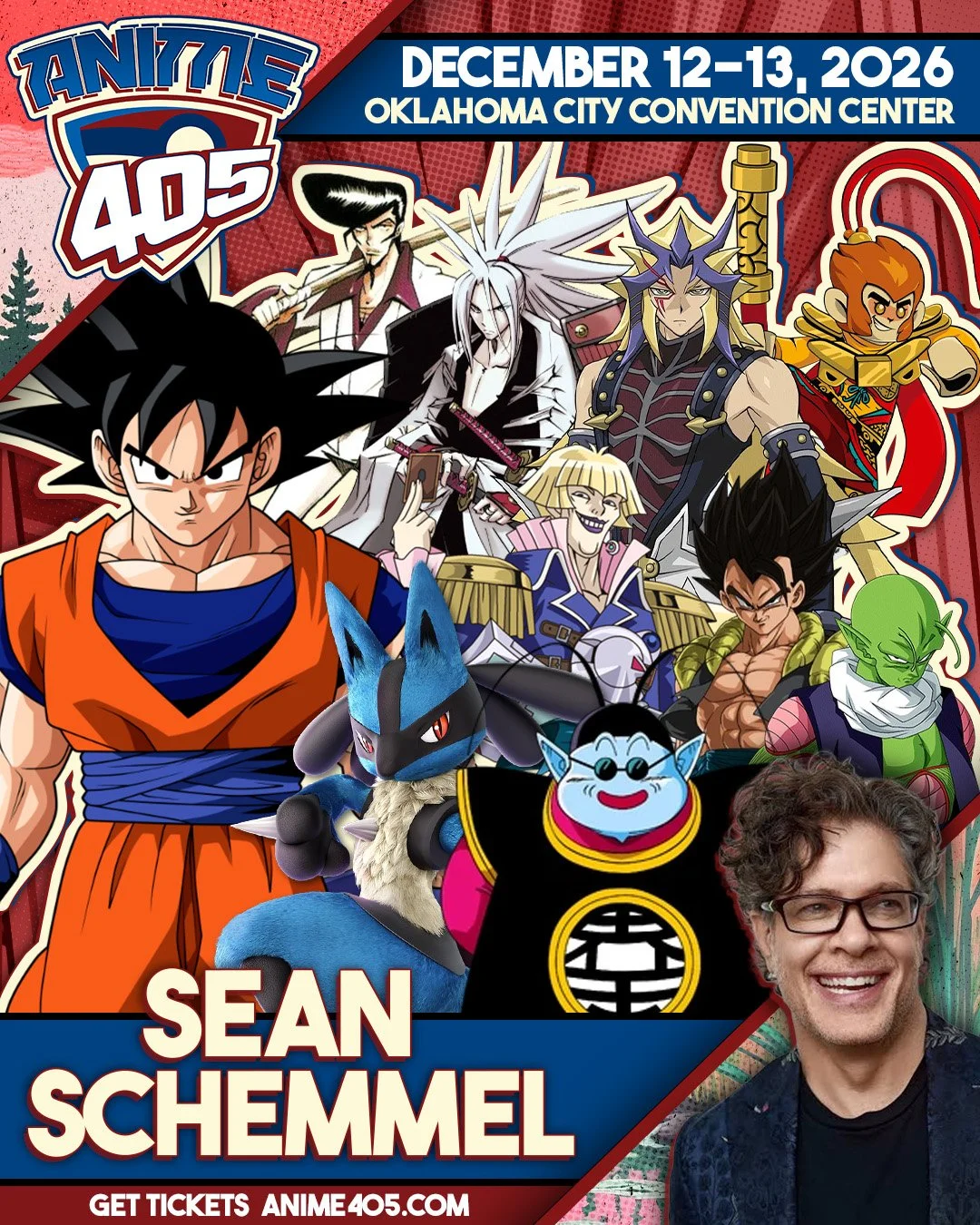 Promotional poster for Anime 405 event with date December 12-13, 2026, at Oklahoma City Convention Center, featuring anime characters Goku, Vegeta, and others, along with a photo of Sean Schemmel, who is known for voicing Goku.