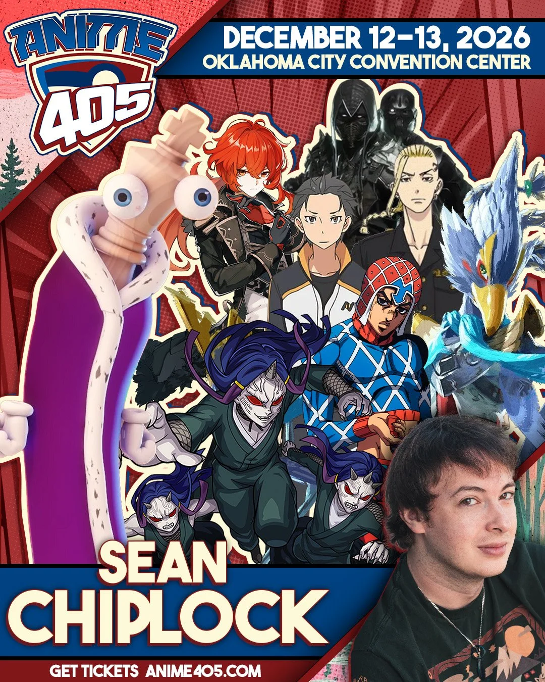 Anime convention poster for Anime 405 featuring various characters from different anime series, with the event date December 12-13, 2026, at Oklahoma City Convention Center, and a photo of guest Sean Chiplock.