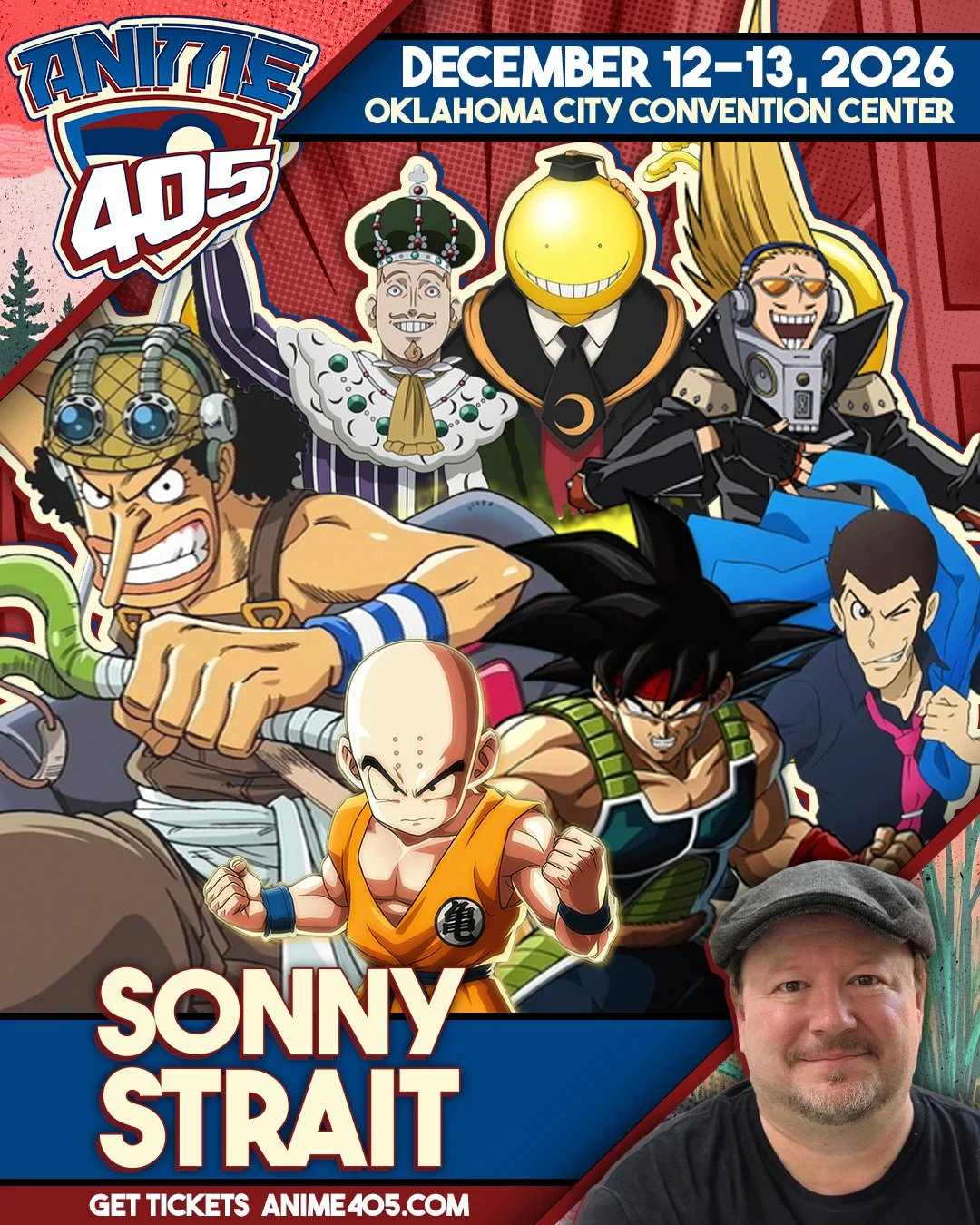 Anime convention poster for Anime 405, taking place December 12-13, 2026 at Oklahoma City Convention Center, featuring characters from popular anime, and a photo of Sonny Strait.