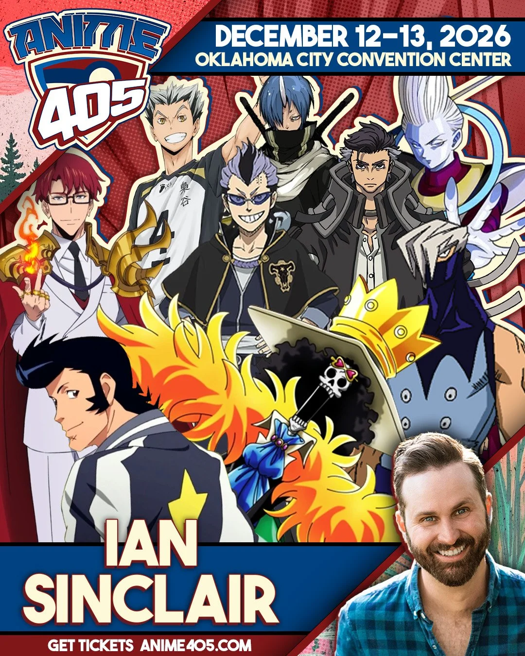 Anime characters and a photo of Ian Sinclair, promoting a December 12-13, 2026 event at Oklahoma City Convention Center for Anime 405