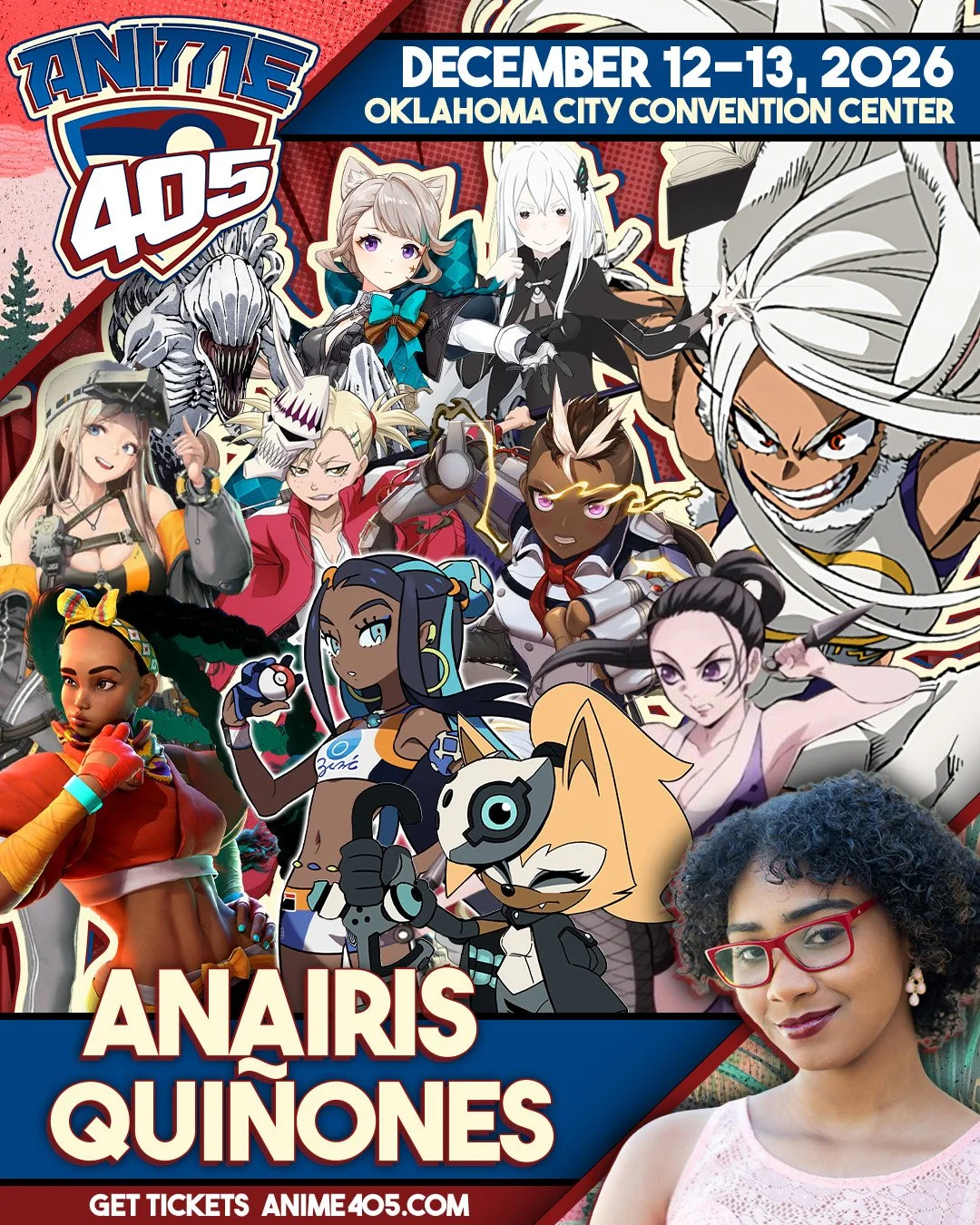 Anime convention poster featuring various animated characters and a photo of Anaïs Quinones. Event details include December 12-13, 2026, at Oklahoma City Convention Center, with a website link for tickets.