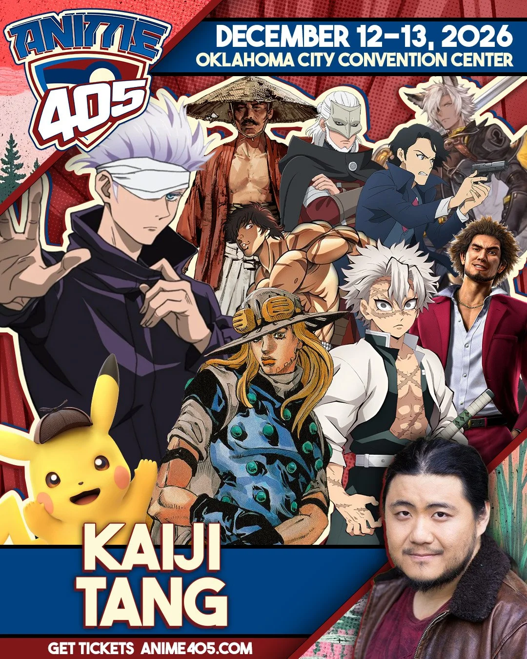 Poster for Anime 405 event at Oklahoma City Convention Center on December 12-13, 2026, featuring characters from various anime series and a photograph of a man with black hair and a beard.