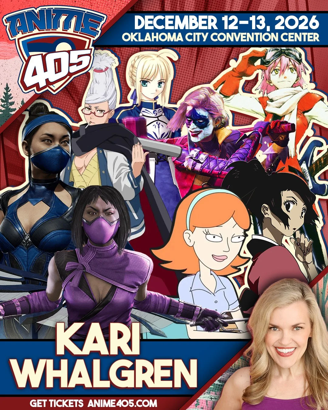 Promotional poster for Anime 405 convention featuring various anime characters, a comic book character, and a photo of Kari Wahlgren, with event details and date.