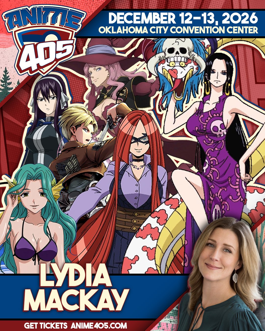 Promotional poster for Anime 405 convention, December 12-13, 2026, Oklahoma City Convention Center featuring anime characters and Lydia Mackay's photo.