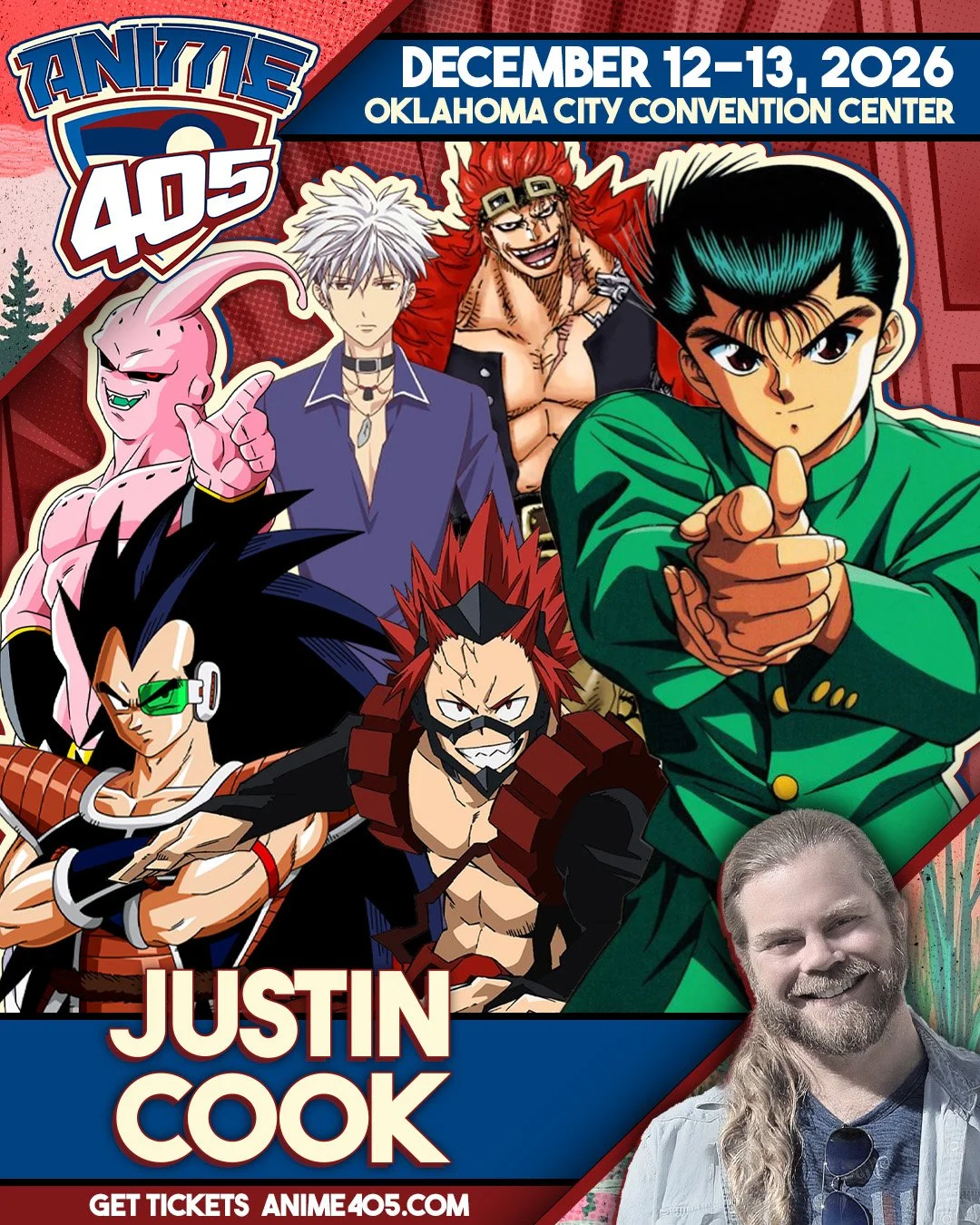 Poster for Anime 405 event featuring characters from various anime including Goku from Dragon Ball, Rugal from King of Fighters, and others, with details about dates and location.