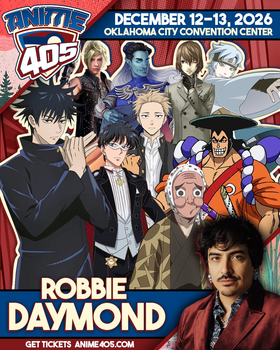 Promotional poster for Anime 405 event with dates December 12-13, 2026, at Oklahoma City Convention Center. Features animated characters including a man in a black suit with glasses, a woman with black hair and glasses, a muscular man with an orange 