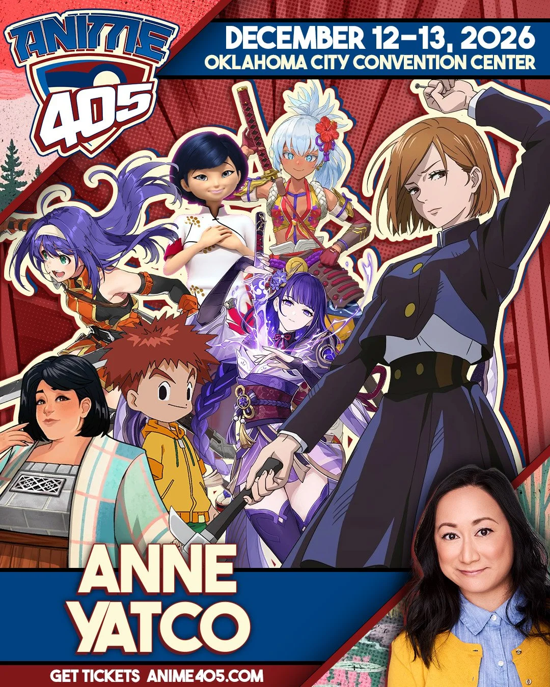 Anime convention poster for December 12-13, 2026 at Oklahoma City Convention Center featuring anime characters and a photo of Anne Yatco, with information about tickets at anime405.com.