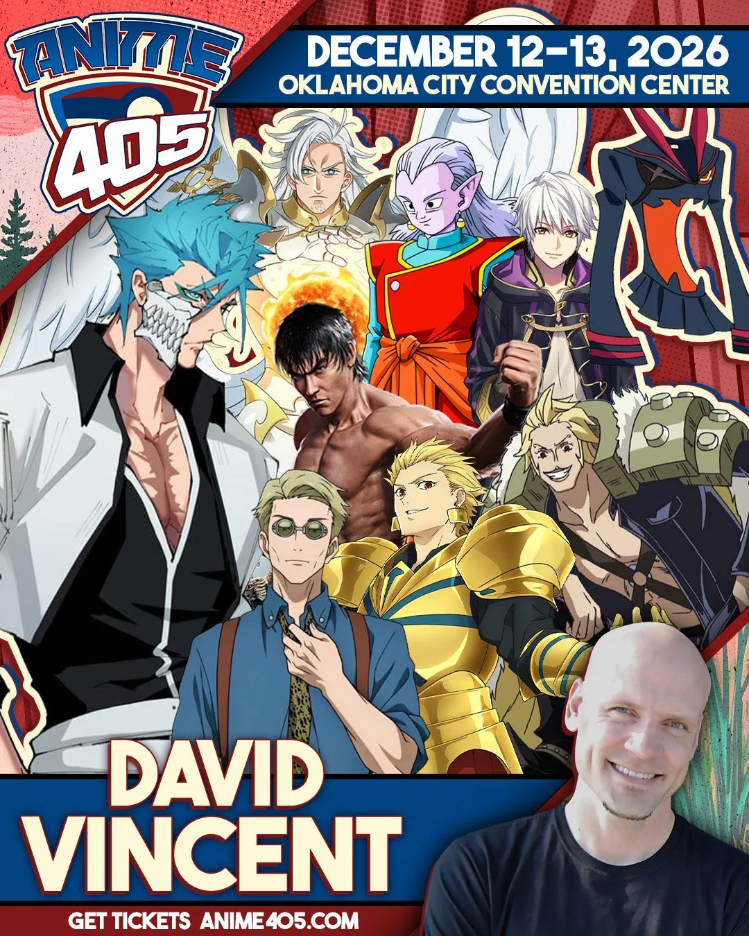 Anime convention poster for Anime 405, held December 12-13, 2026, at the Oklahoma City Convention Center. Features various anime characters including one with blue hair, one with purple skin, another with blonde hair in armor, and other stylized anim