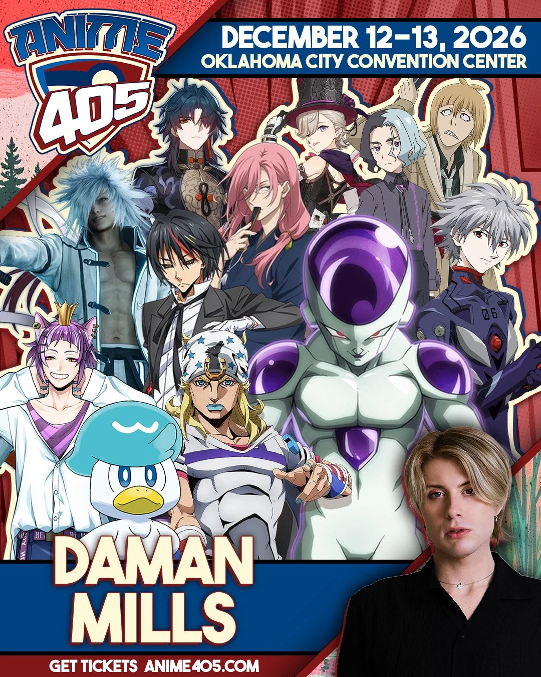 Anime convention poster for December 12-13, 2026, at Oklahoma City Convention Center featuring characters from anime series including Daman Mills and others, with a photo of Daman Mills in the bottom right corner.
