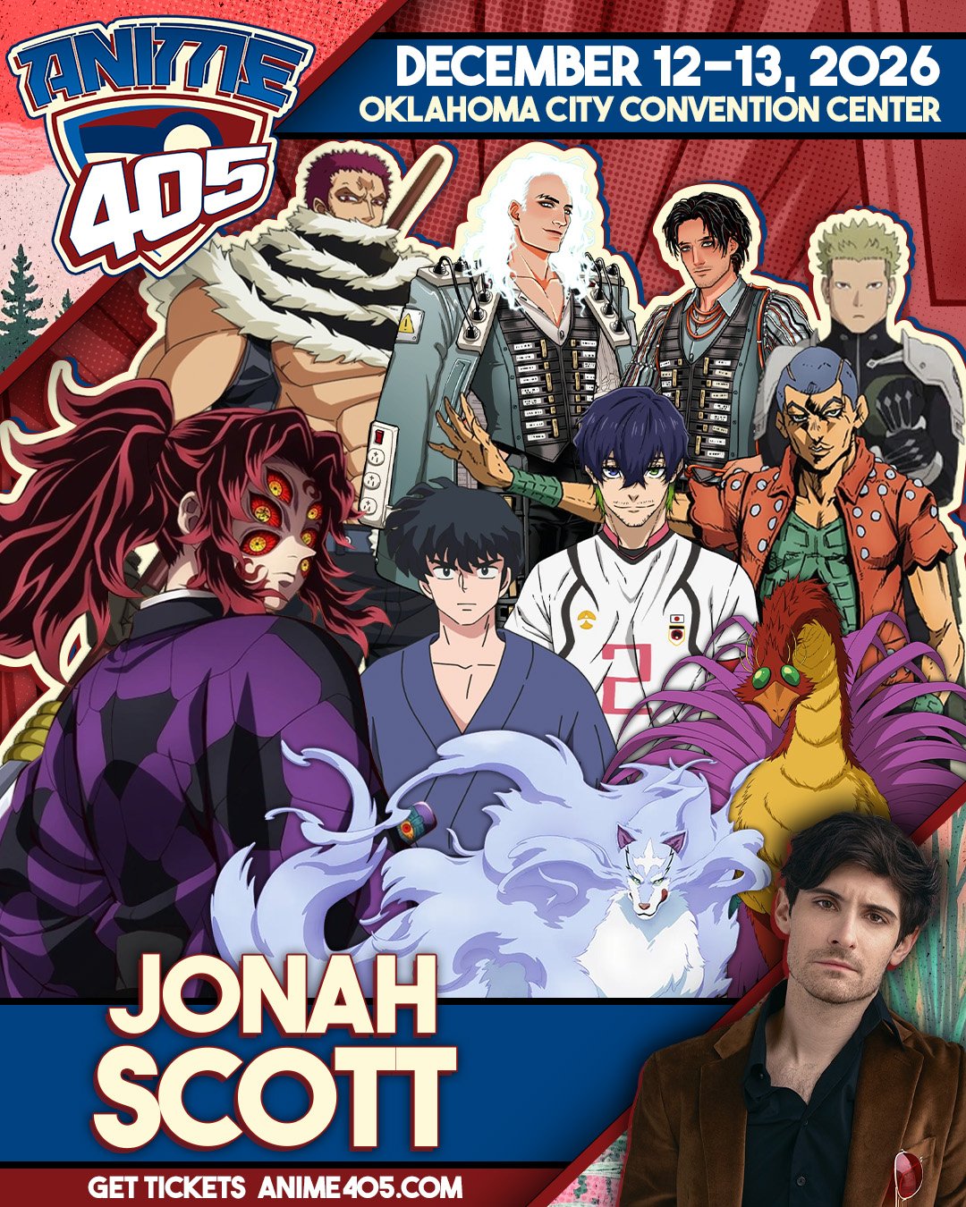 Anime convention poster for Anime 405 featuring characters from various anime series, dates December 12-13, 2026, at Oklahoma City Convention Center, with a photo of actor Jonah Scott in the bottom right corner.