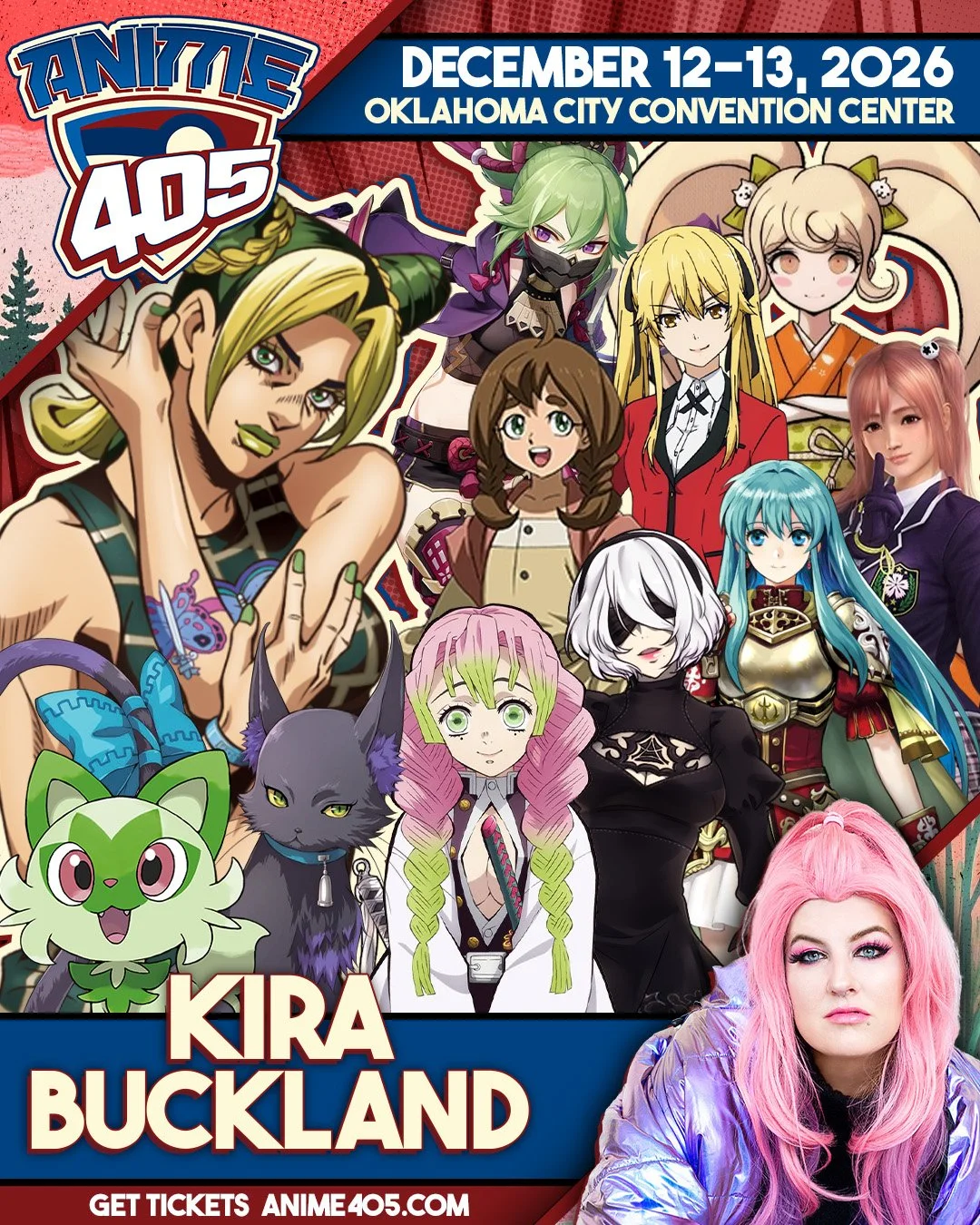 Anime convention poster featuring various anime characters and a photo of Kira Buckland, with event details including dates December 12-13, 2026, at Oklahoma City Convention Center.