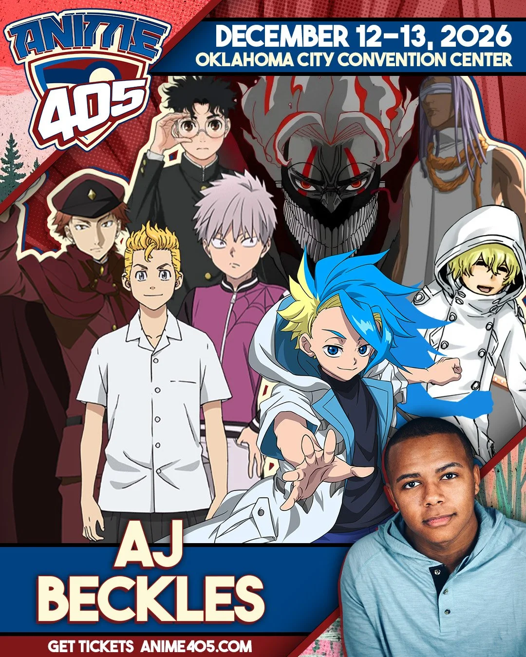 Promotional poster for Anime 405 featuring anime characters and a young man with short hair, at Oklahoma City Convention Center, December 12-13, 2026.