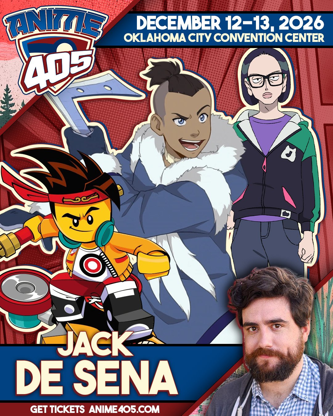 Event poster for Anime 405 at Oklahoma City Convention Center on December 12-13, 2026, featuring animated characters and a photo of Jack De Sena.