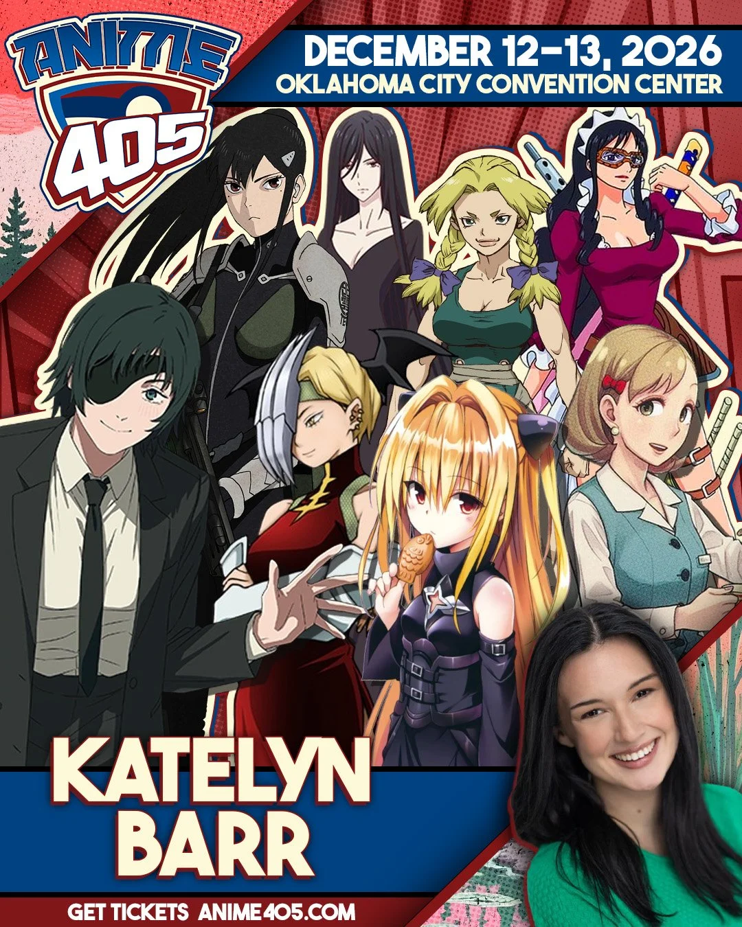 Anime convention poster for Anime 405, happening December 12-13, 2026, at Oklahoma City Convention Center, featuring illustrations of various anime characters and a woman smiling, with text and event details.