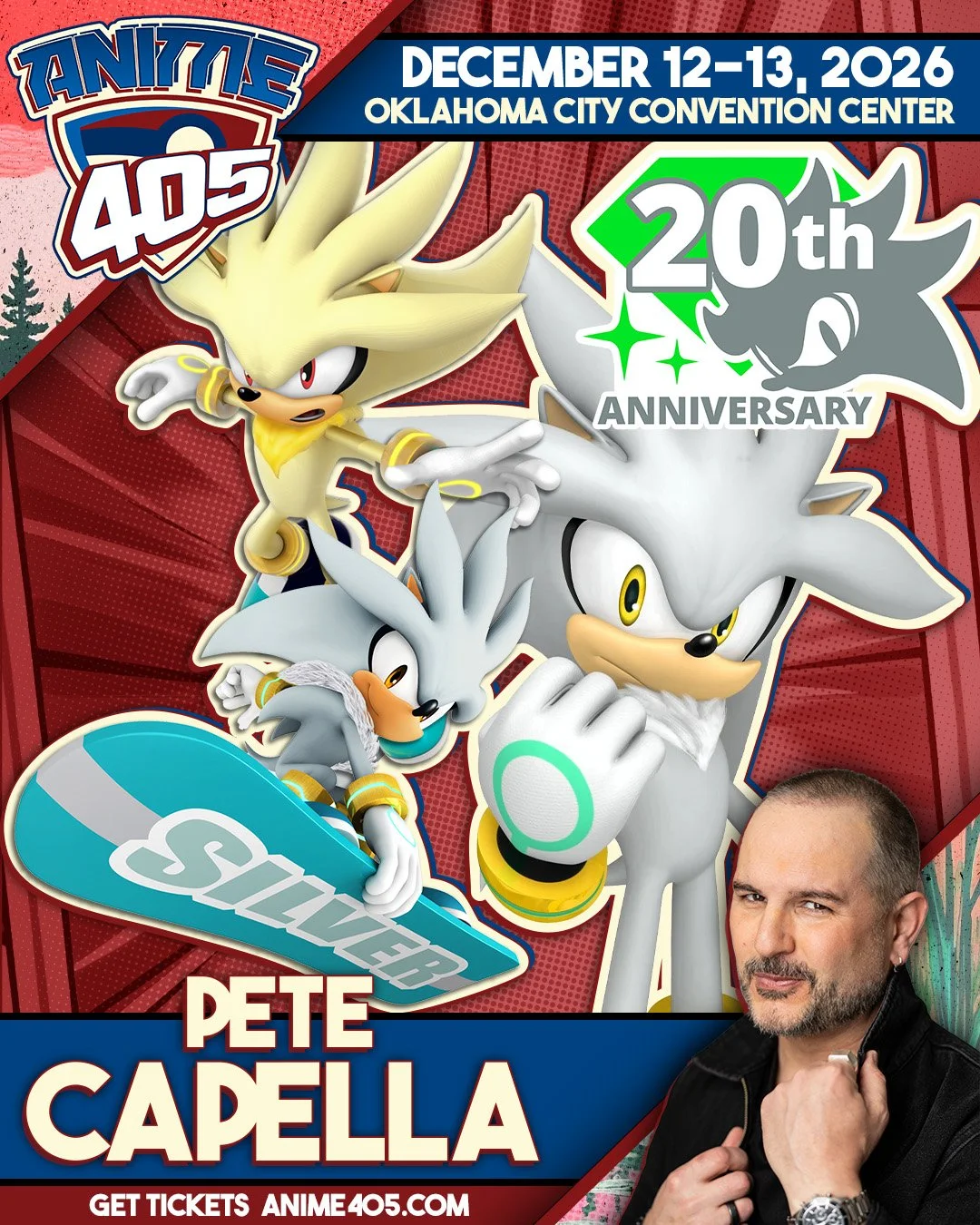 Promotional poster for Anime 405, a convention held on December 12-13, 2026, at the Oklahoma City Convention Center, celebrating its 20th anniversary. Features characters from Sonic the Hedgehog and a photo of Pete Capella.