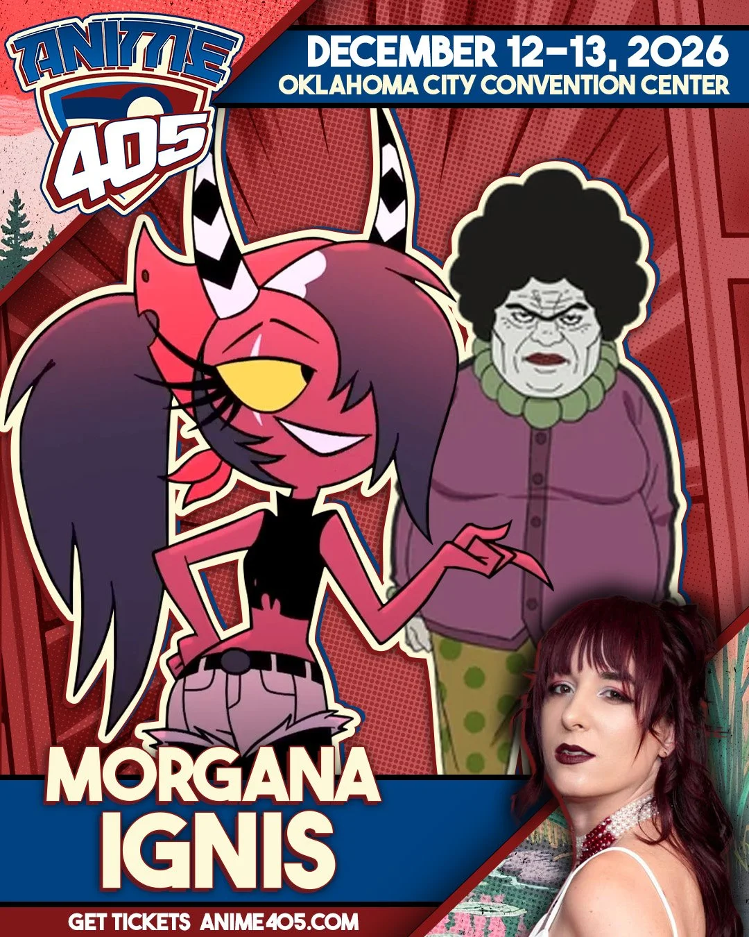 AnimeCon 405 event poster featuring Morgana Ignis from Persona 5 and a woman with red hair in cosplay, scheduled for December 12-13, 2026, at Oklahoma City Convention Center.