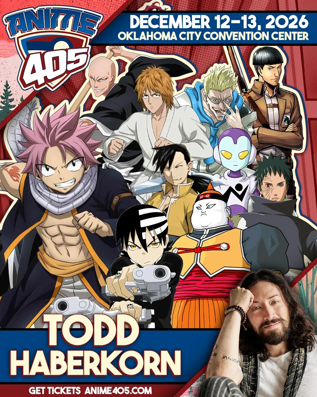 Anime convention poster featuring characters from various series, with event dates December 12-13, 2026, in Oklahoma City, and a photo of Todd Haberkorn. The poster promotes tickets at anime405.com.