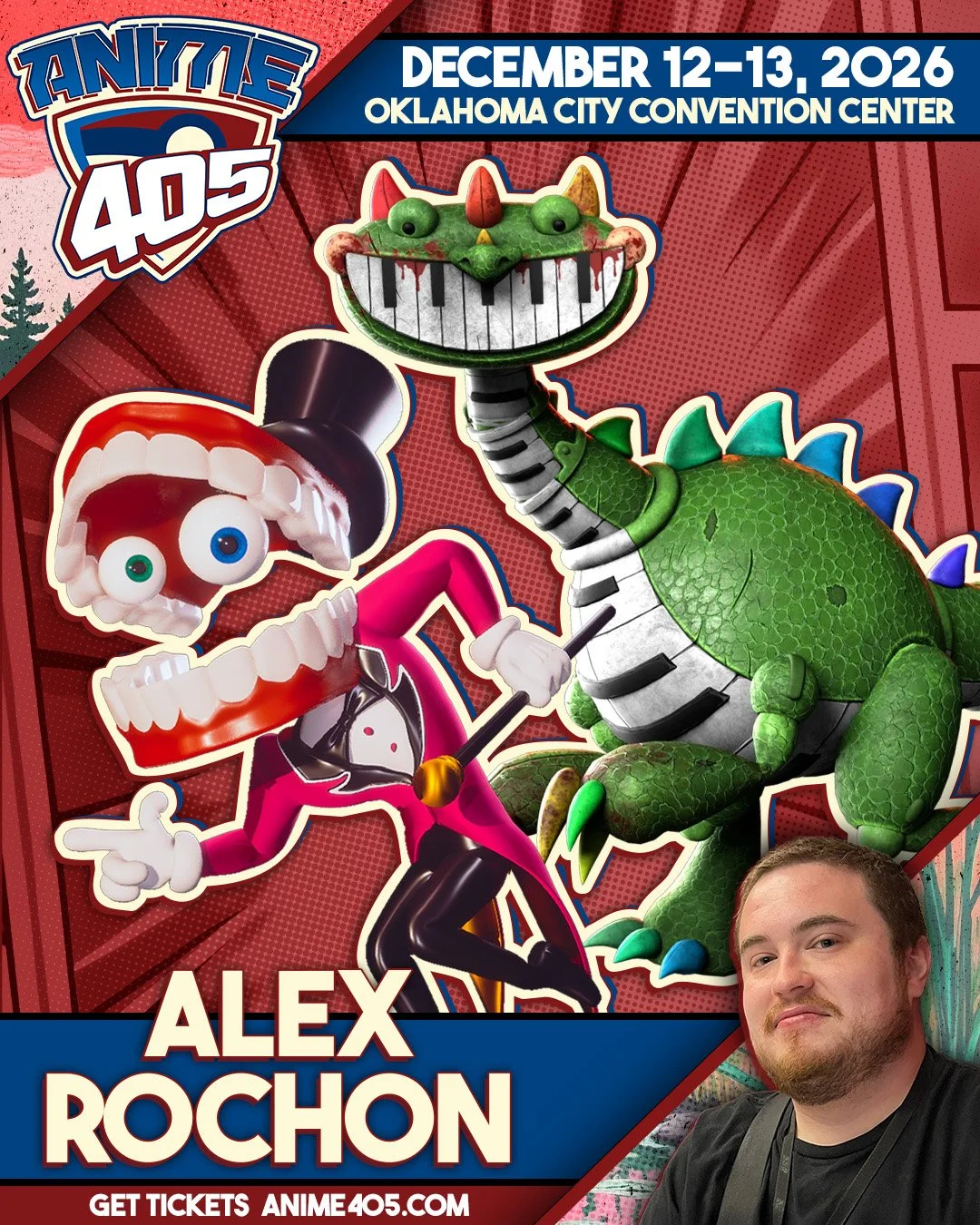 Promotional poster for Anime 405 convention with event dates December 12-13, 2026, at Oklahoma City Convention Center. Features cartoon characters: a green dragon with a keyboard face, a pink character with a large open mouth, and a character with a 
