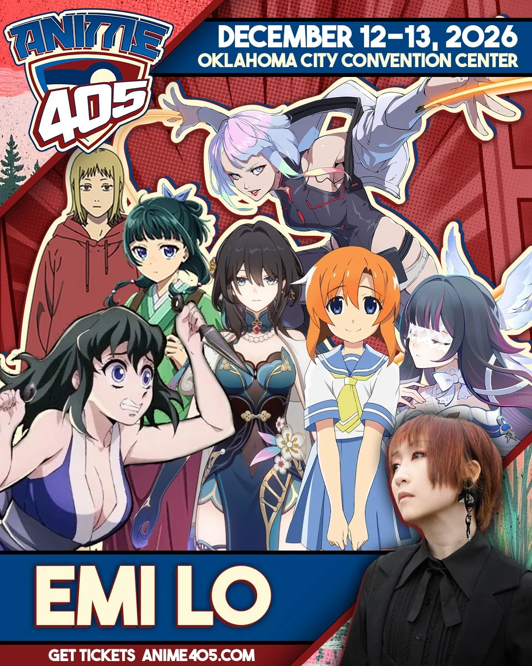 Poster for Anime 405 convention with illustrated characters and a photo of Emi Lo, featuring event details from December 12 to 13, 2026 at Oklahoma City Convention Center.