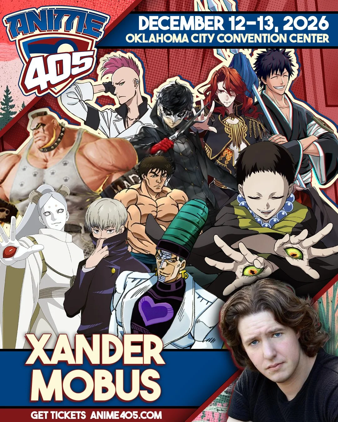 Promotional poster for Anime 405 featuring characters from JoJo's Bizarre Adventure, Jujutsu Kaisen, One Piece, Hunter x Hunter, and other anime, with event details for December 12-13, 2026 at Oklahoma City Convention Center, and an image of a young 