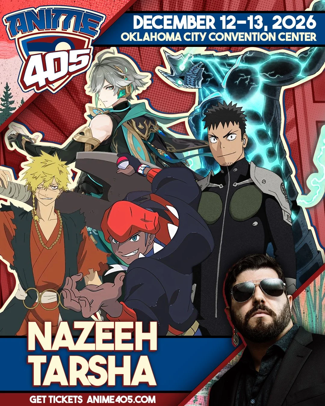Anime convention poster featuring characters from various anime and a man in sunglasses at the bottom right. Text details the event is December 12-13, 2026 at the Oklahoma City Convention Center, with the name "Anime 405" and the guest name "Nazeer T