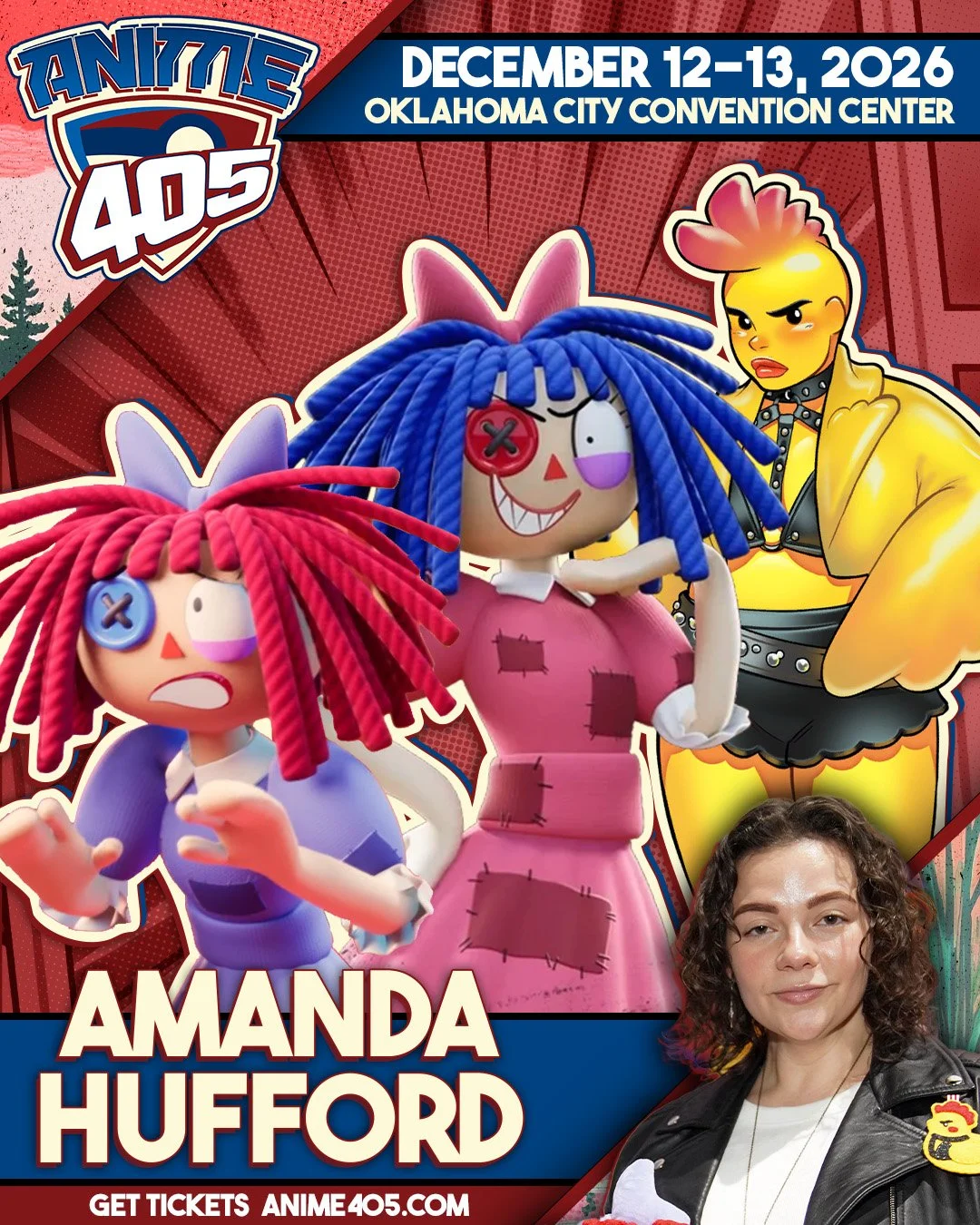 Promotional poster for Anime 405 convention, scheduled for December 12-13, 2026, at Oklahoma City Convention Center, featuring characters from the animated series 'Foster's Home for Imaginary Friends' and a photo of guest speaker Amanda Hufford.