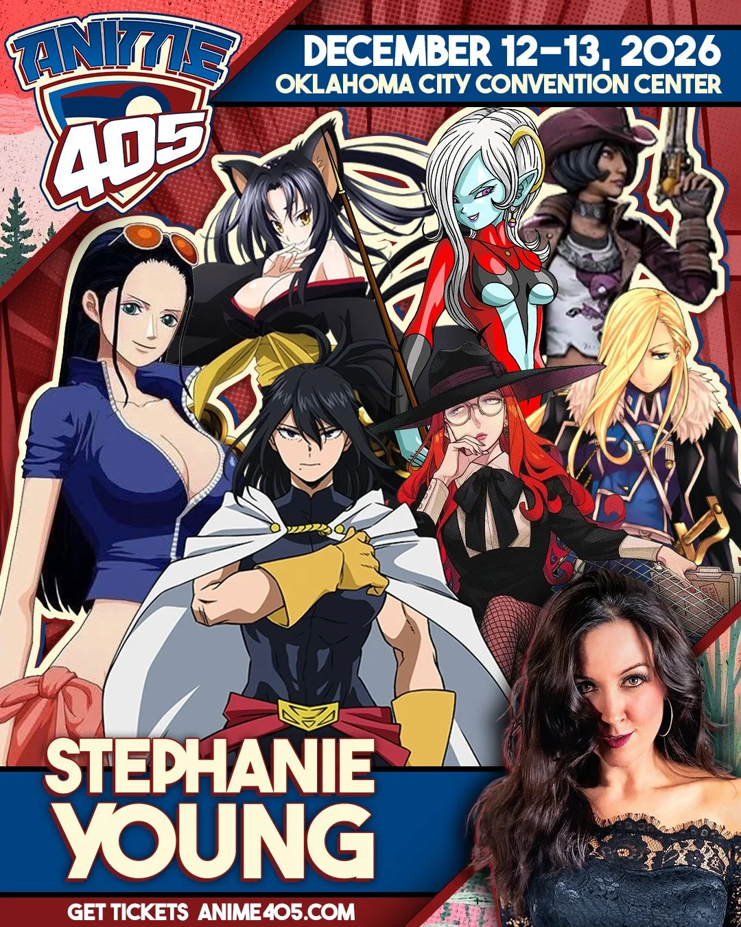 Poster for Anime 405 Convention featuring various anime characters and a photo of Stephanie Young, with event details and dates December 12-13, 2026 at Oklahoma City Convention Center.