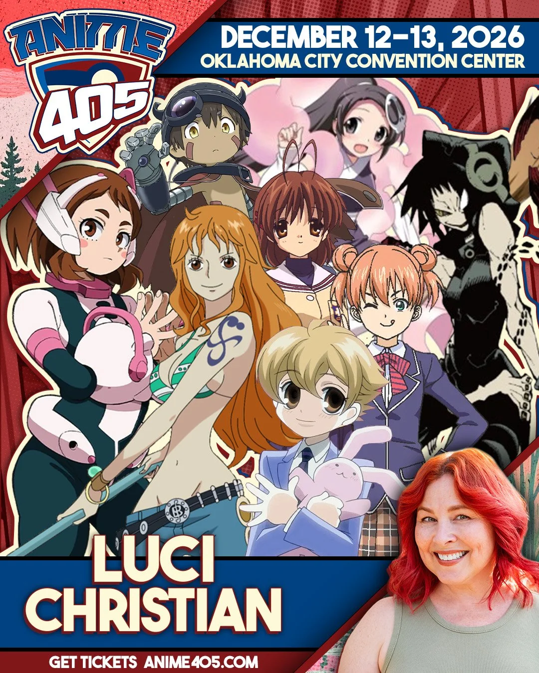 Anime convention poster for December 12-13, 2026, at Oklahoma City Convention Center, featuring characters from various anime and manga, with a photo of a woman with red hair smiling at the bottom right.