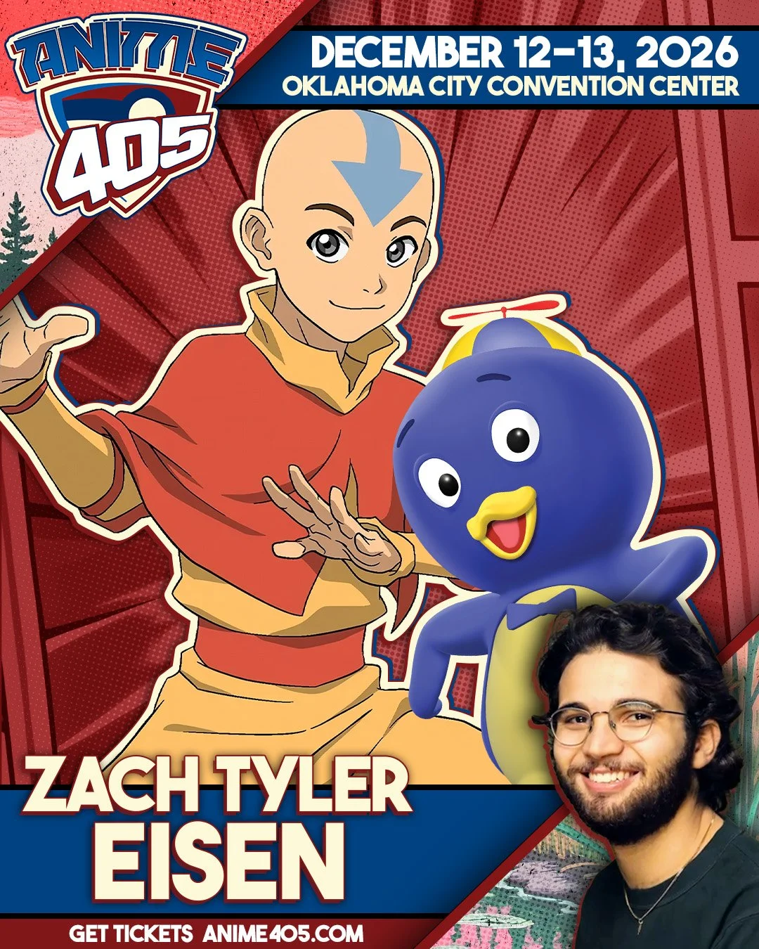 Flyer for Anime 405 convention featuring Aang and Momo from Avatar: The Last Airbender, scheduled for December 12-13, 2026, at Oklahoma City Convention Center. Includes a picture of Zach Tyler Eisen, the voice actor for Aang.