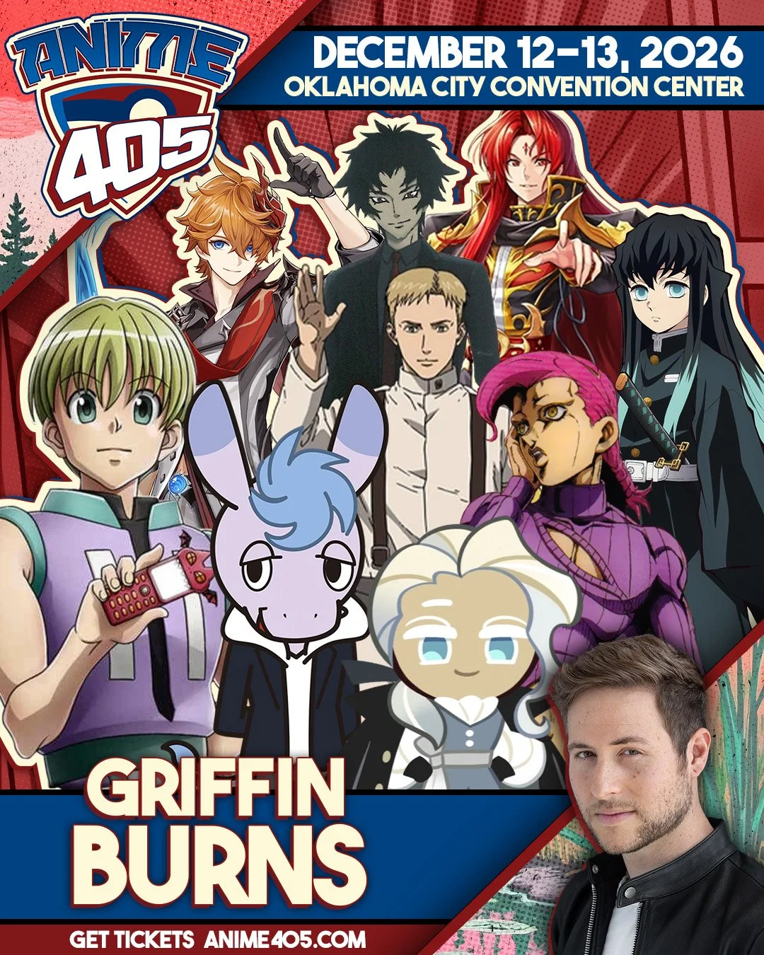 Anime characters with event details and a photo of Griffen Burns at the Anime 405 convention in Oklahoma City, December 12-13, 2026.