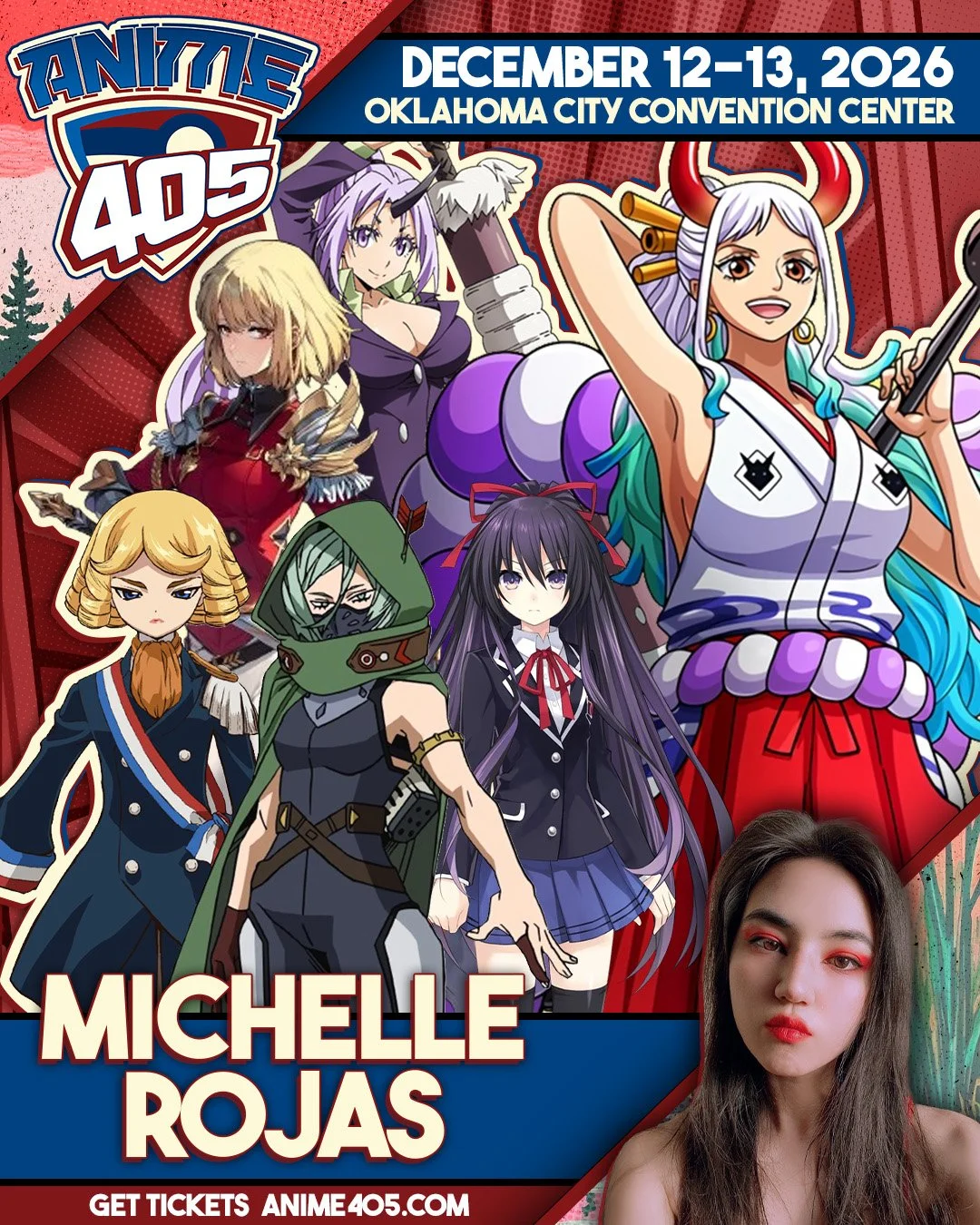 Event poster for Anime 405, highlighting Michelle Rojas, taking place December 12-13, 2026 at Oklahoma City Convention Center. Features anime characters and a photo of Michelle Rojas.