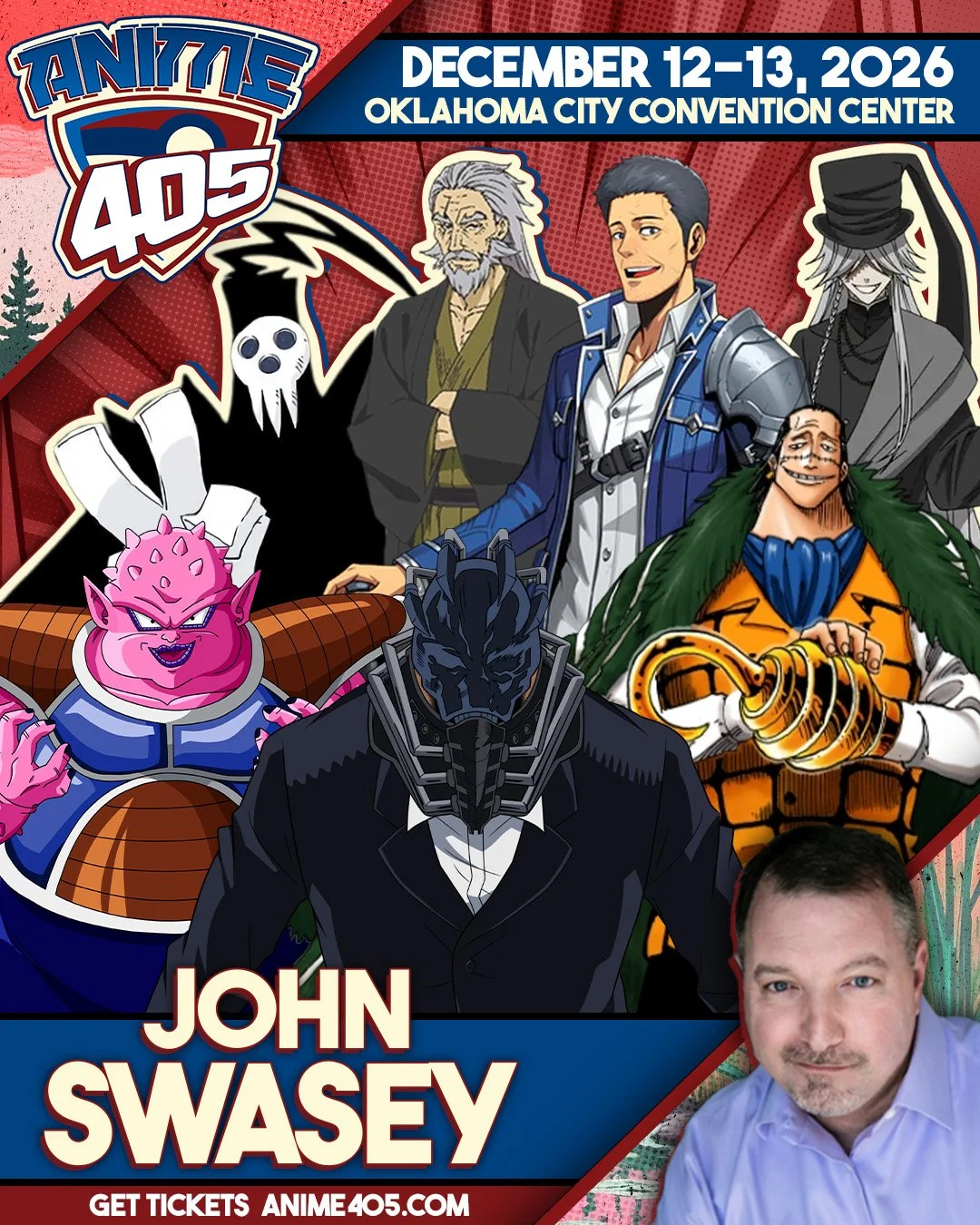 Anime convention poster featuring various characters, date December 12-13, 2026, Oklahoma City Convention Center, with a photo of John Swasey.