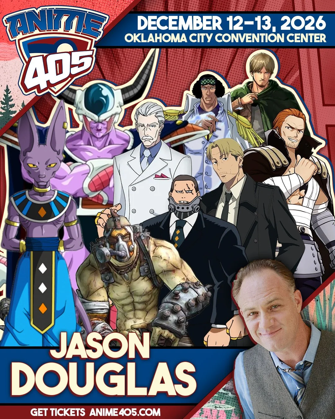 Promotional poster for Anime 405 event featuring characters from anime series, with dates December 12-13, 2026, location Oklahoma City Convention Center, and a photo of Jason Douglas.