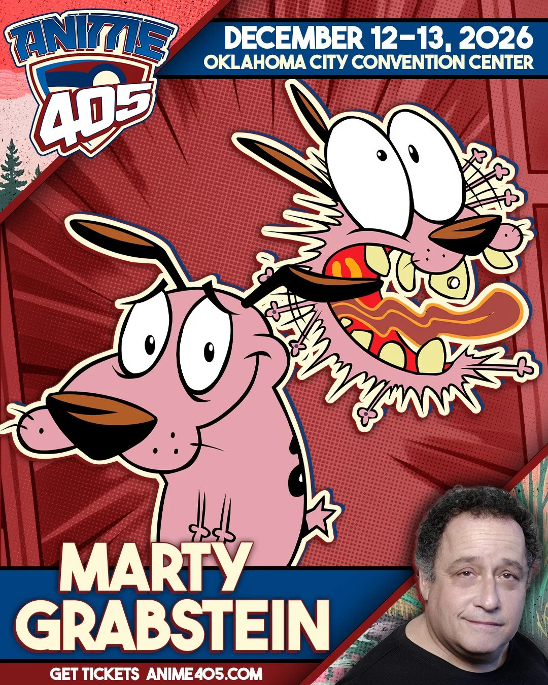 Poster for Anime 405 event featuring animation creator Marty Grabstein, with cartoon characters of a pink mouse and a mischievous monster on a red background, information about the event date December 12-13, 2026, at Oklahoma City Convention Center, 