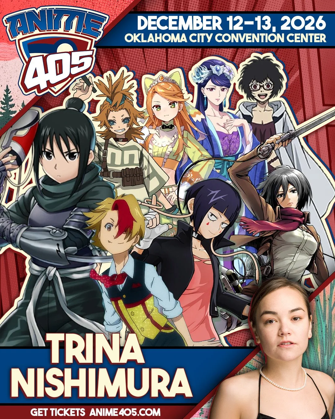 Anime convention poster featuring cosplaying characters from various anime shows, event details including December 12-13, 2026, Oklahoma City Convention Center, and a photo of a young woman.