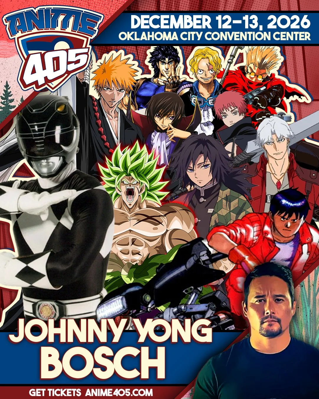 Anime characters and a man pose in a promotional poster for Anime 405 event at Oklahoma City Convention Center, December 12-13, 2026.