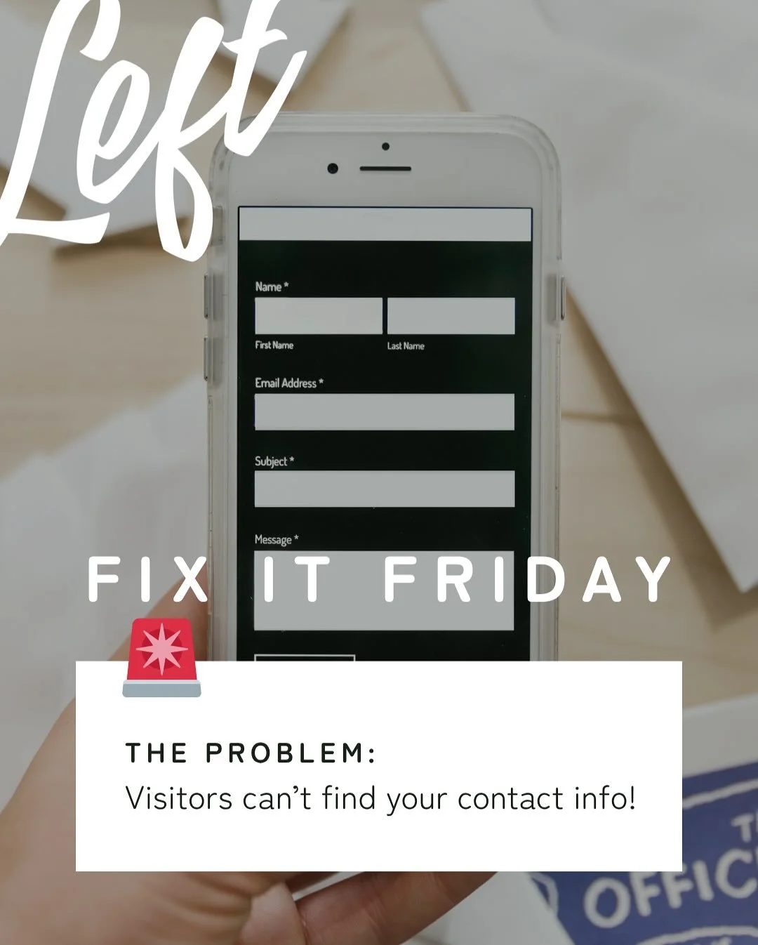This week on Fix it Friday, we’re sharing some helpful website tips on small fixes to your website’s contact information that make a BIG impact! 
๐จThe Problem: Visitors can’t find your contact info!
 
If your users can’t eas