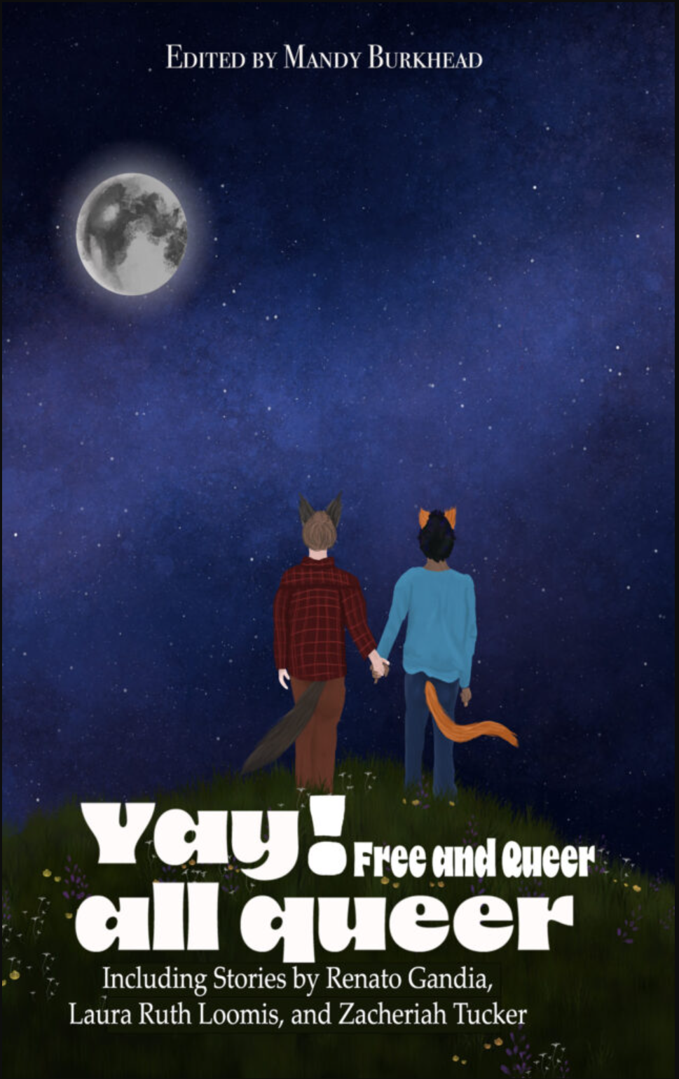 Book Cover of YAY! ALL QUEER FREE AND QUEER. Background image of two people with tails holding hands on a hill and looking at the moon. White text reads "Edited by Mandy Burkhead, Yay! All Queer, Free and Queer. Including stories by Author Names"