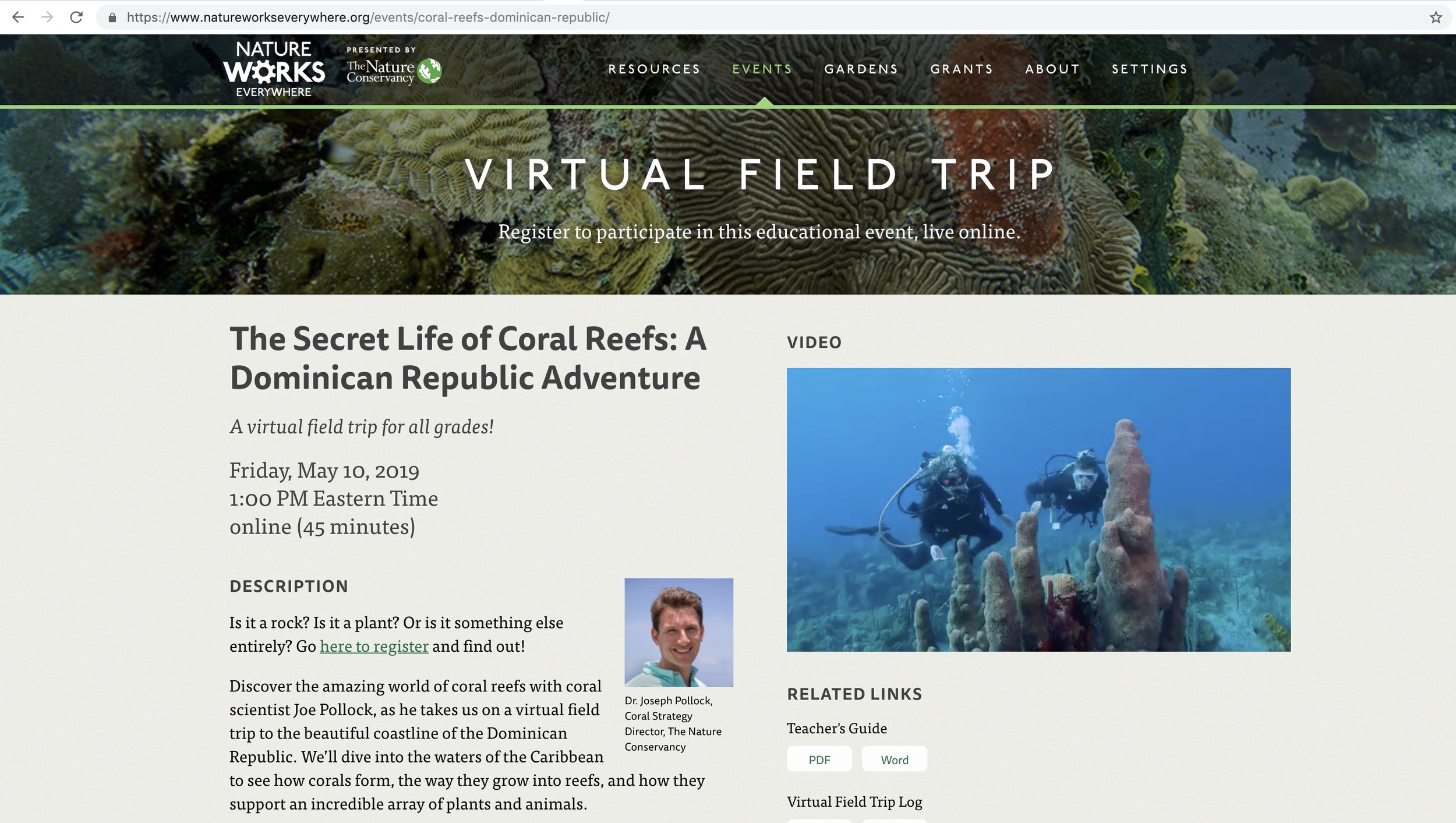 Created Bezos Partnership Coral Reefs Virtual Field Trip, live streamed to 170,000+ students in classrooms in 61 countries and all 50 states.