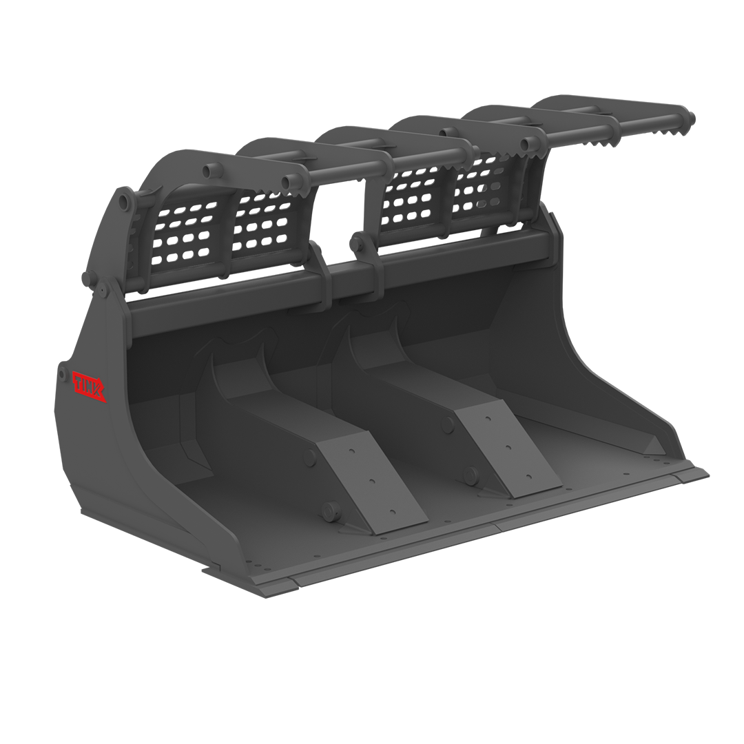 3D rendering of a large gray excavator bucket attachment with the brand name 'TINK' visible on the side.