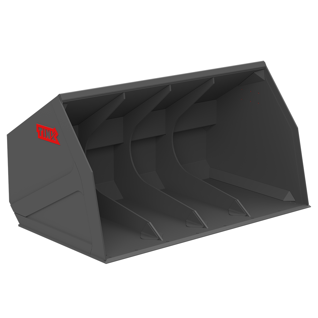 A gray industrial bucket attachment with the brand name 'TINK' in red, designed for construction or heavy machinery.