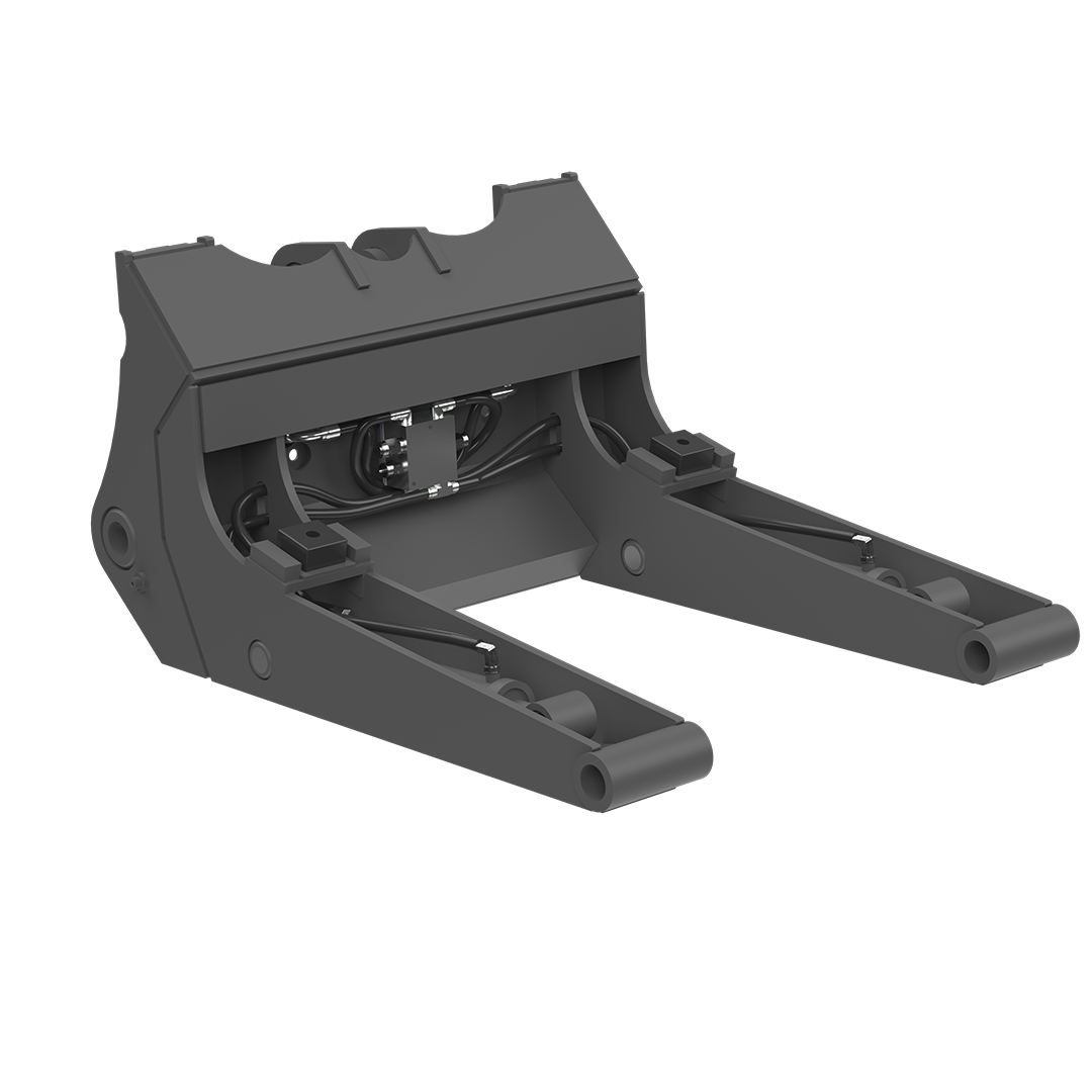Exposed view of a Tink Roll-Out bucket subframe, manufactured to precise tolerances and amazing made in the USA quality. The subframe is the heart of our design and allows provides increase dump height and reach for any wheel loader.