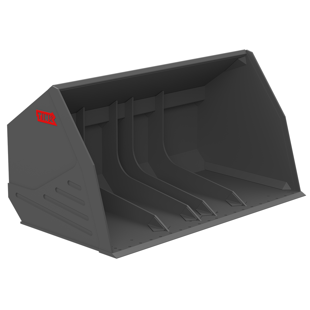 A Tink Roll-Out bucket or High Tip and Tip Out style bucket is an excellent solution for Dairy and cattle Feed, operations needing extra dump height reach over mixing wagons. A Roll-Out bucket will provide increase height over push out style bucket.